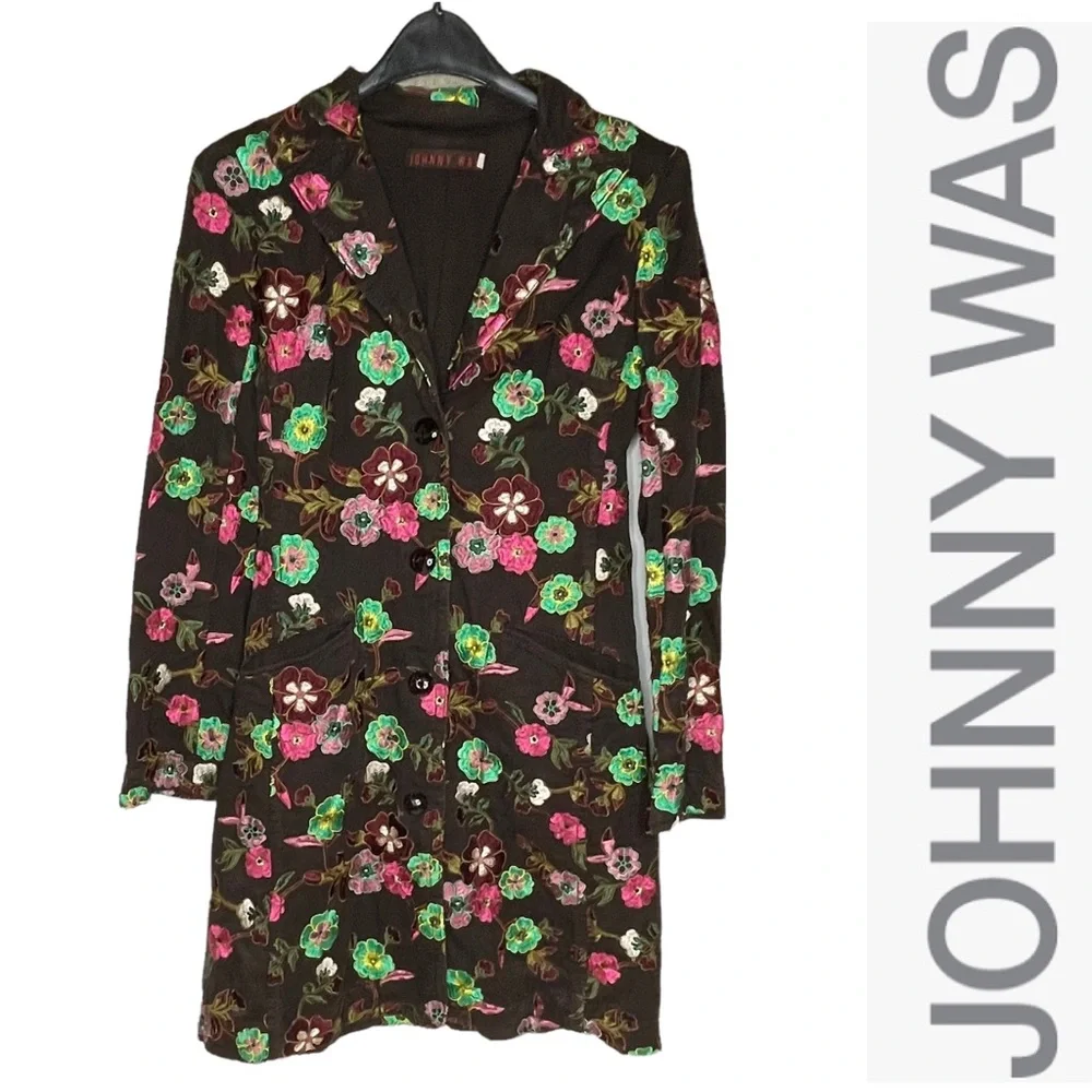 Last Chance Johnny Was Floral Embroidered Trench Coat XS Brown - Picture 1 of 13